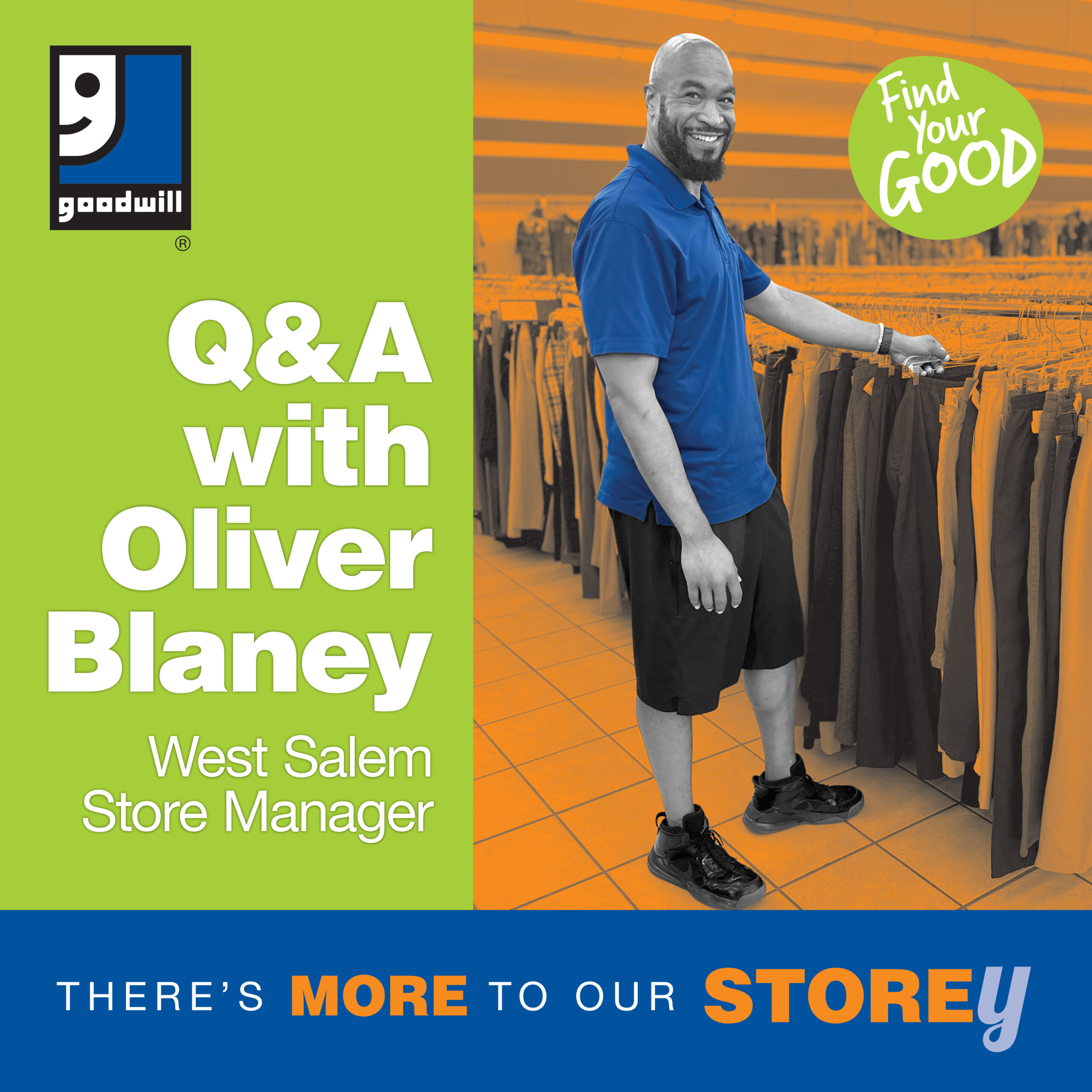 left side says "Q&A with Oliver Blaney". Right side shows a man in a blue Goodwill polo standing in front of a rack of clothing.