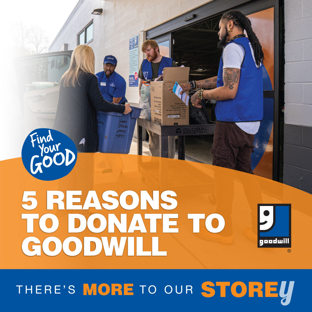 Men carrying a box in front of a Goodwill door. Text says "5 reasons to donate to Goodwill"