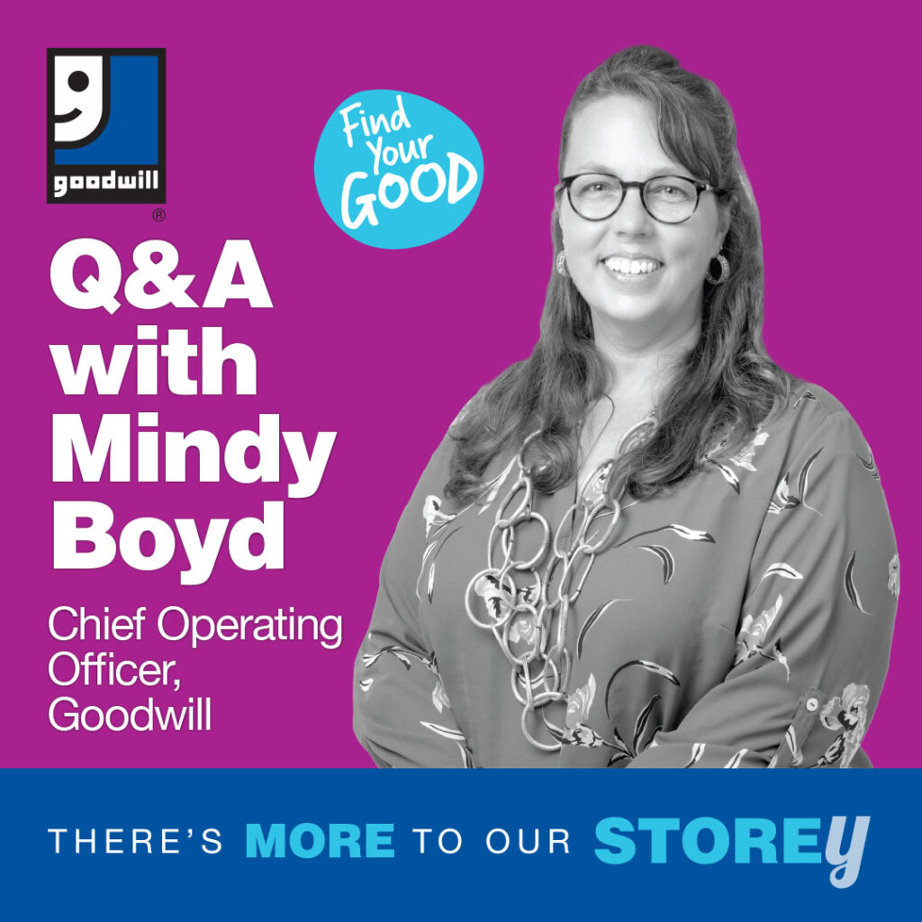 Text says "Q&A with Mindy Boyd, Chief Operating Officer, Goodwill" with woman over purple background