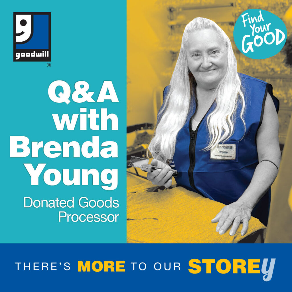 Woman standing at a table. Text says "Q & A with Brenda Young, Donated Goods Processor"