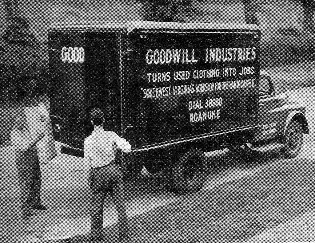 Goodwill truck from around the1940s and two men collecting donations